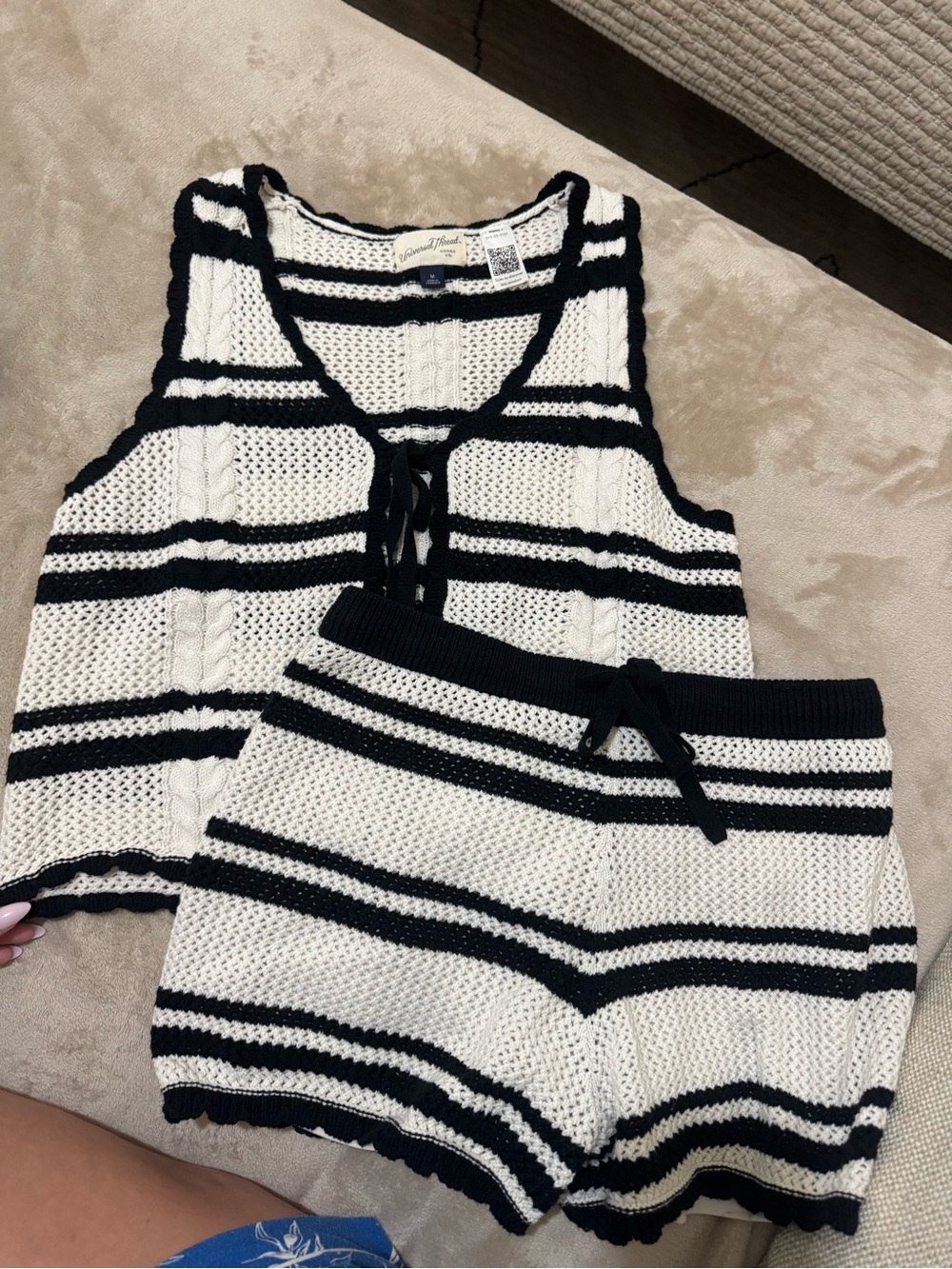 Universal Thread Black and Cream Striped Knit Tank & Shorts Set